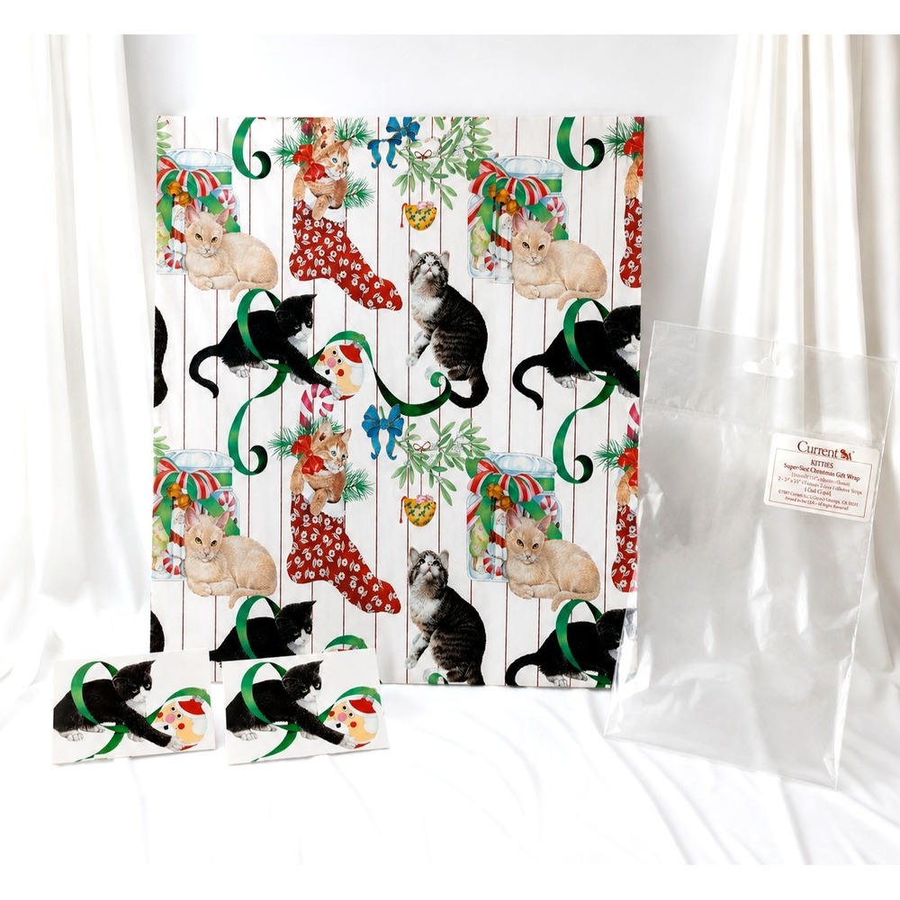 Current Kitties Super Size Christmas Gift Wrap 1987 Vintage 30x48 Sheet 2 Cards
